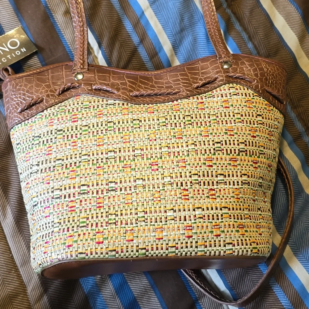 Bueno Brown Woven Tote with Croc Trim